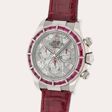 View full screen - View 1 of Lot 77. Daytona, Reference 116589SALV | A white gold and sapphire-set chronograph wristwatch with meteorite dial | Circa 2007.