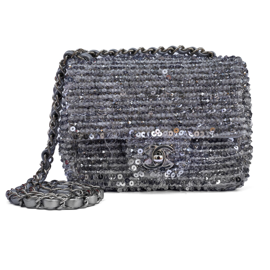 View full screen - View 1 of Lot 91. Silver Sequin and Transparent Pearls Timeless Classic New Mini Single Flap Ruthenium Hardware, 2023.