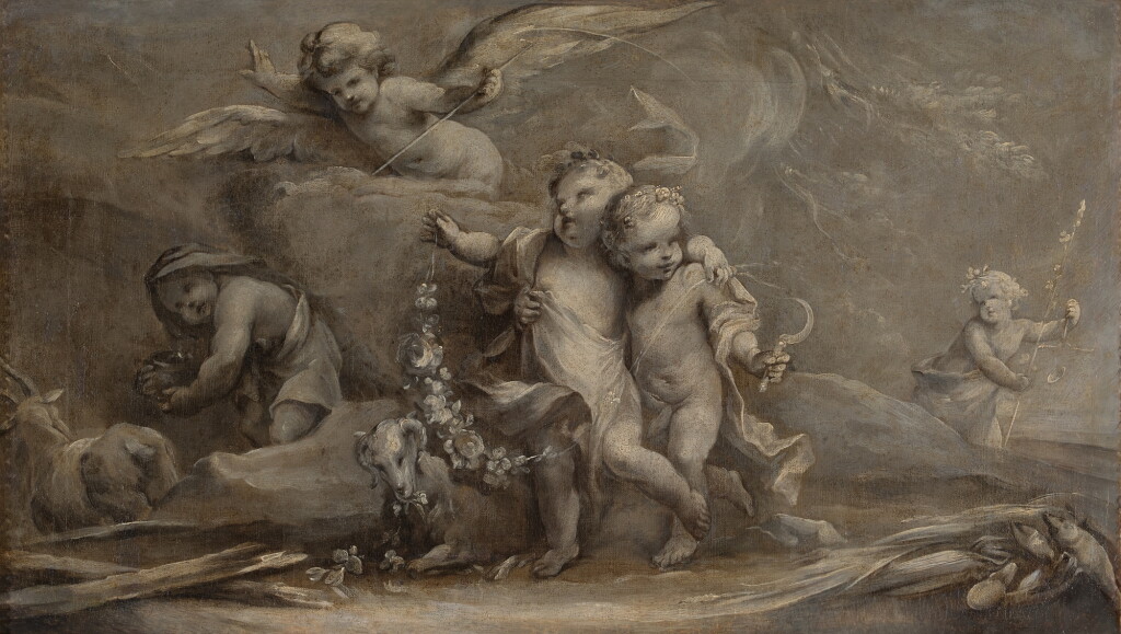 View full screen - View 1 of Lot 42. Putti in a landscape en grisaille, possibly an allegory of the seasons.