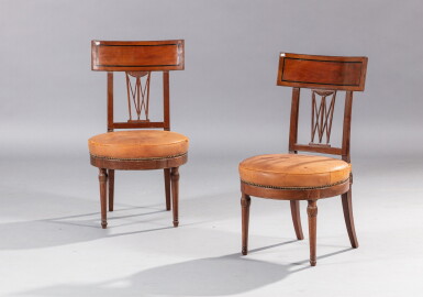 View full screen - View 1 of Lot 249. A pair of mahogany and ebony marquetry chairs, Louis XVI, circa 1785, stamped by Georges Jacob Paire de chaises en acajou et ébène d'époque Louis XVI, vers 1785, estampille de Georges Jacob.