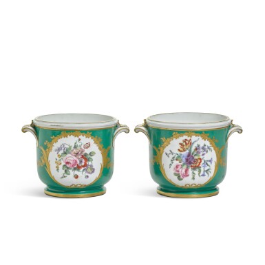 View full screen - View 1 of Lot 157. A pair of Sèvres porcelain green-ground glass coolers, seaux à verre ordinaire, circa 1770.