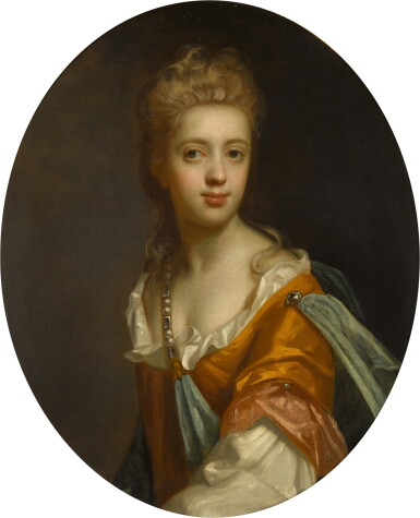 View full screen - View 1 of Lot 49. Portrait of a lady, half-length, in an orange dress with a blue sash.