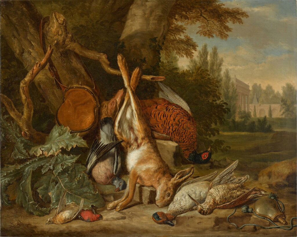 View full screen - View 1 of Lot 180. Still life of a hare, a pheasant, a woodcock, a teal and other game birds in a garden landscape, a colonnade in the distance.