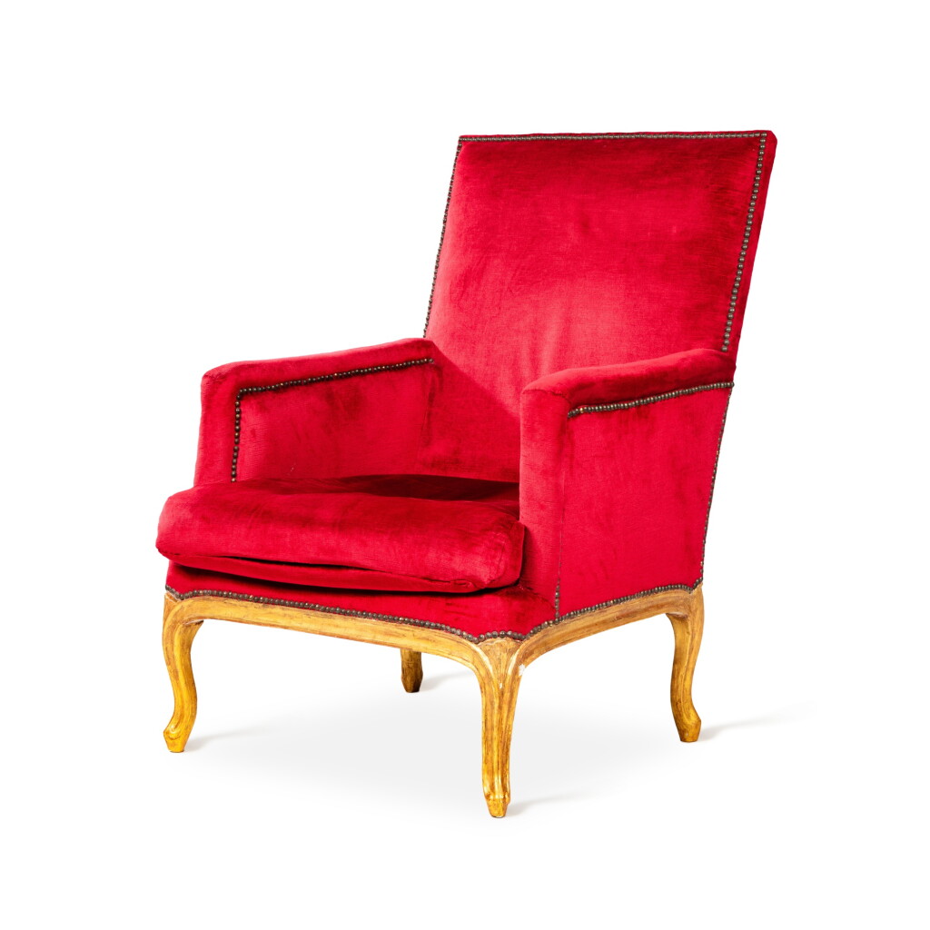 View full screen - View 1 of Lot 211. A Louis XV giltwood bergère, circa 1765-1775, from the château de Chanteloup, stamped by Jean-Baptiste Boulard | A Louis XV giltwood bergère, circa 1765-1775, from the château de Chanteloup, stamped by Jean-Baptiste Boulard | Bergère en bois doré d'époque Louis XV, vers 1766-1775 provenant du château de Chanteloup, estampille de Jean-Baptiste Boulard.