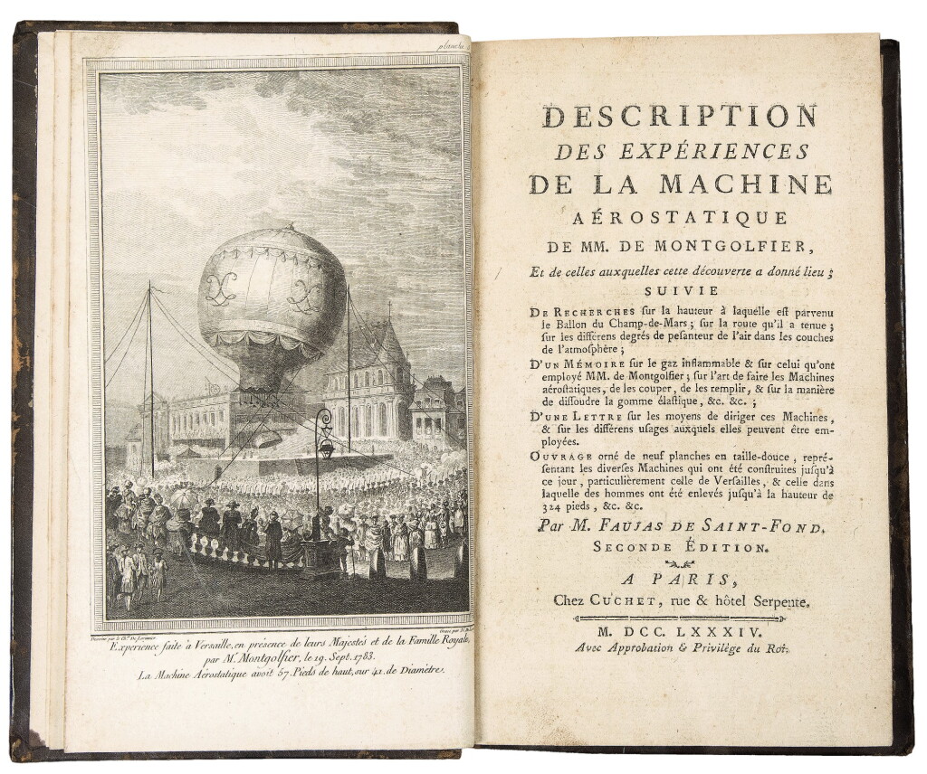 View full screen - View 1 of Lot 107. FAUJAS DE SAINT-FOND, BARTHÉLEMY | Description des Experiences de la Machine Aerostatique de MM. de Mongolfier ... Seconde Edition. Paris: Cuchet, 1784.