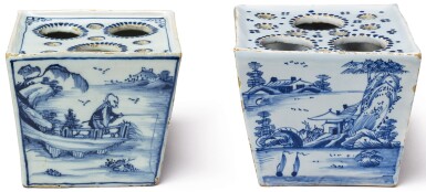View full screen - View 1 of Lot 474. TWO ENGLISH DELFTWARE BLUE AND WHITE SQUARE-FORM FLOWER BRICKS, CIRCA 1750.