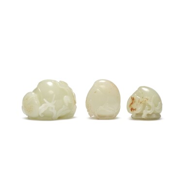 View full screen - View 1 of Lot 99. Three pale green jade 'peach' groups, Qing dynasty, 18th / 19th century.