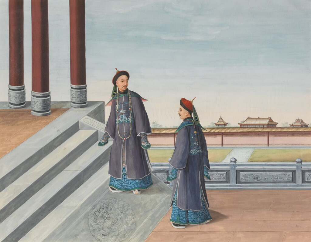 View full screen - View 1 of Lot 54. A set of four large Chinese school gouache on paper court scenes Qing dynasty, 19th century | 清十九世紀 外銷風景畫一組四幅.