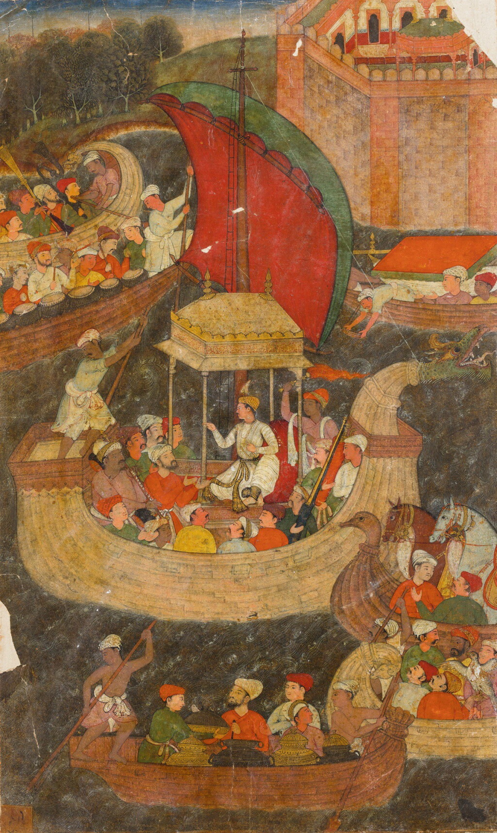 View full screen - View 1 of Lot 177. AKBAR AND HIS ENTOURAGE JOURNEY BY BOAT, ILLUSTRATED PAGE FROM THE 'FIRST' (VICTORIA AND ALBERT MUSEUM) AKBARNAMA, INDIA, MUGHAL, CIRCA 1590-95.