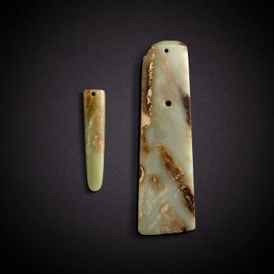View full screen - View 1 of Lot 7831. Two celadon jade axes, chan, Neolithic period | 新石器時代 玉鏟兩件.