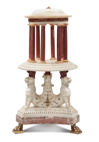 View full screen - View 1 of Lot 13. An Italian Neoclassical Gilt Bronze-Mounted Specimen Marble Model of a Tempietto, Mounted on an Associated Statuary Marble Tripod Base, 19th Century.