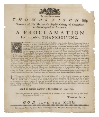 View full screen - View 1 of Lot 108. Fitch, Thomas | A proclamation issued to commemorate the defeat of the French in Canada.