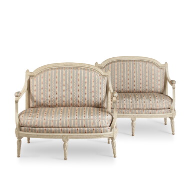 View full screen - View 1 of Lot 749. A pair of Louis XVI white-painted sofas 'à chassis', circa 1775, stamped by Sulpice Brizard.