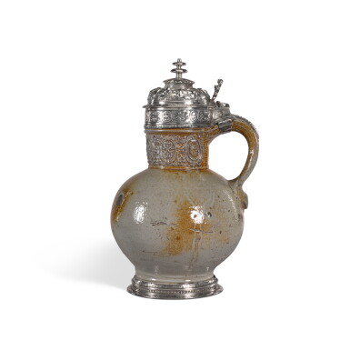 View full screen - View 1 of Lot 146. A silver-mounted stoneware jug, maker's mark 'HL' conjoined (Jackson's, 1989, p.102), London, circa 1590.