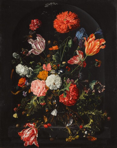 View full screen - View 1 of Lot 40. AFTER JAN DAVIDSZ. DE HEEM | STILL LIFE WITH CARNATIONS, TULIPS, ROSES AND OTHER FLOWERS IN A GLASS VASE, WITH INSECTS, ALL IN A STONE NICHE.