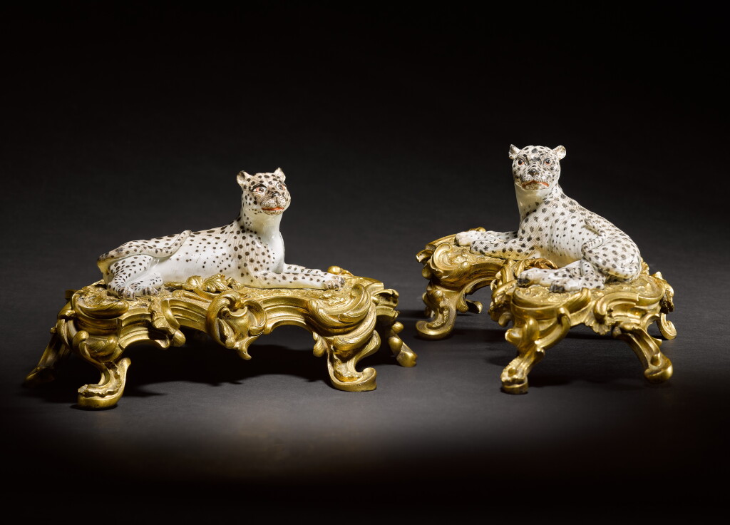 View full screen - View 1 of Lot 22. A pair of Louis XV gilt-bronze mounted Meissen porcelain figures of leopards, the porcelain circa 1745, the mounts mid-18th century.