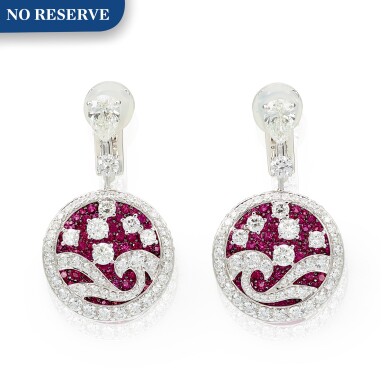 View full screen - View 1 of Lot 1036. 'Wave' Pair of Ruby and Diamond Pendent Earrings | 格拉夫| 'Wave' 紅寶石 配 鑽石 耳墜一對 (紅寶石及鑽石共重約4.50及6.80克拉).