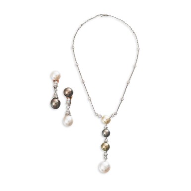 View full screen - View 1 of Lot 164. Demi-parure perles de culture et diamants | Cultured pearl and diamond demi-parure.