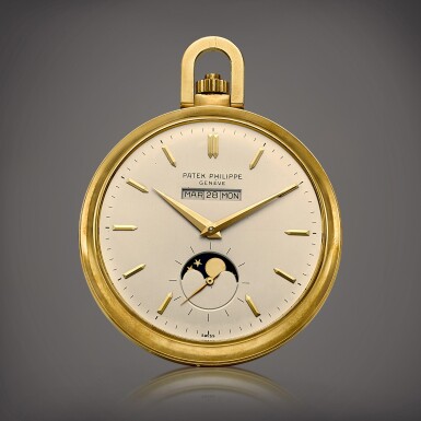 View full screen - View 1 of Lot 2011. Reference 655/1 | An important and possibly unique yellow gold two train trip minute repeating openface straight line perpetual calendar watch with moon phases, Retailed by Tiffany & Co., Circa 1957, Formerly part of the Esmond Bradley Martin Collection | 百達翡麗 | 型號655/1 | 非常重要及應為獨一無二黃金雙發條輕觸式三問直線萬年曆懷錶,備月相顯示,由 Tiffany & Co. 發行,約1957年製,原爲 Esmond Bradley Martin 收藏 .