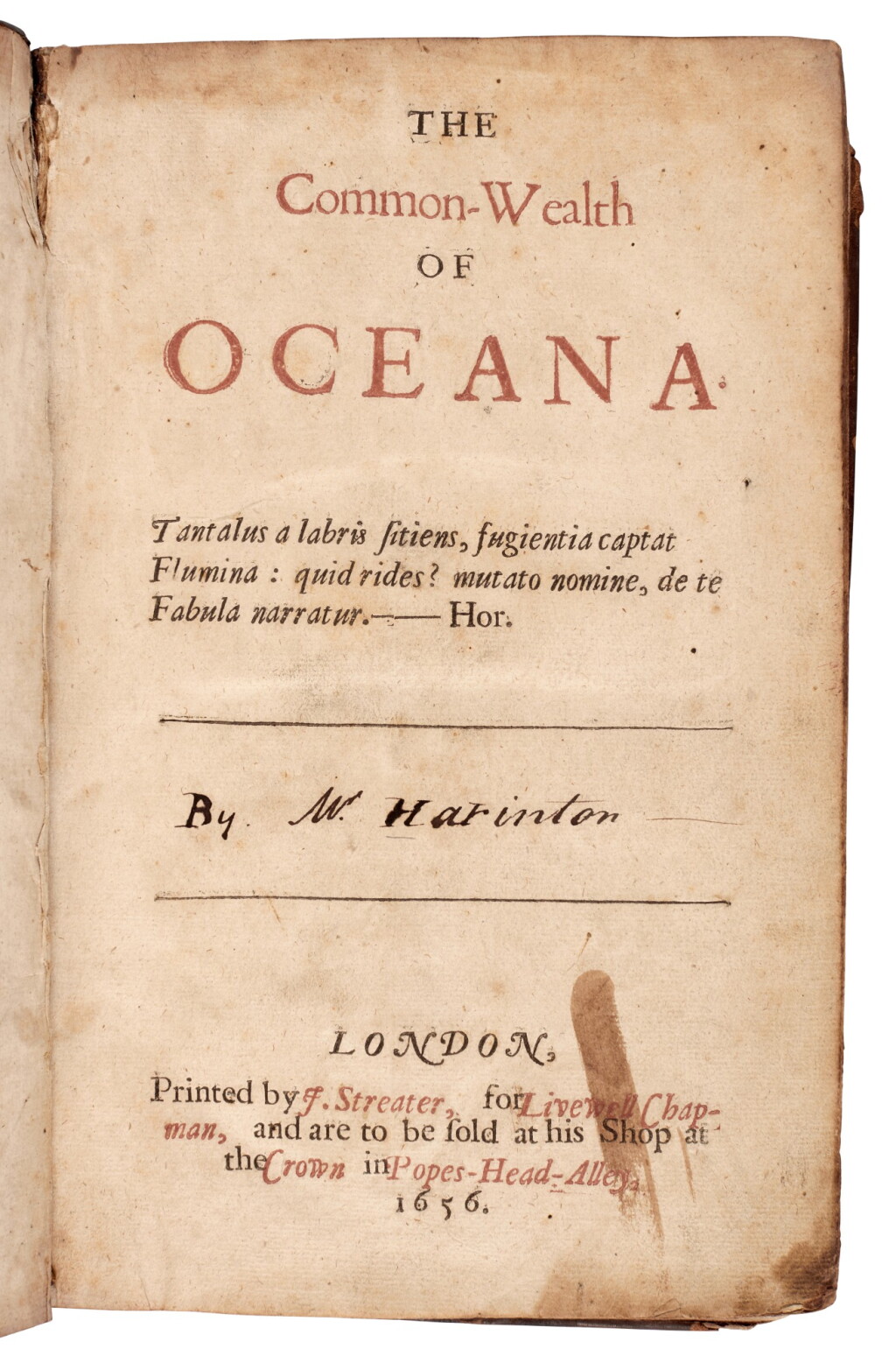 View full screen - View 1 of Lot 140. Harrington, The common-wealth of Oceana, London, 1656, contemporary calf.