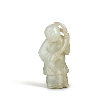 View full screen - View 1 of Lot 230. A PALE CELADON JADE FIGURE OF A BOY, QING DYNASTY, 19TH CENTURY | 清十九世紀 青白玉持蓮童子.