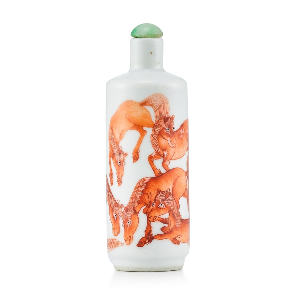 View full screen - View 1 of Lot 3070. An Iron-Red Porcelain 'Horses' Snuff Bottle Qing Dynasty, Daoguang Period | 清道光 礬紅八駿圖鼻煙壺.