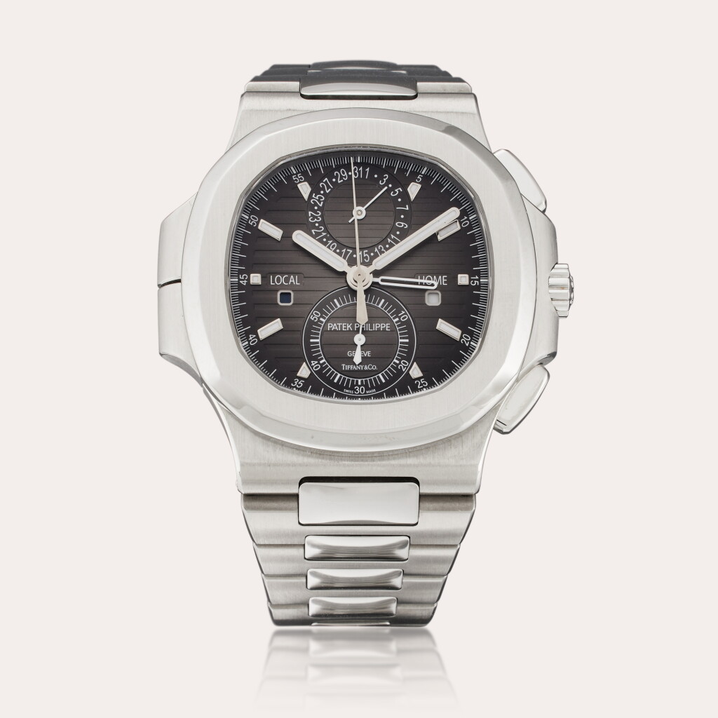 全螢幕檢視 - 查看26Reference 5990/1A-001 Nautilus | Retailed by Tiffany & Co.: A stainless steel automatic dual time flyback chronograph wristwatch with date, day/night indication, and bracelet, Circa 2016的1