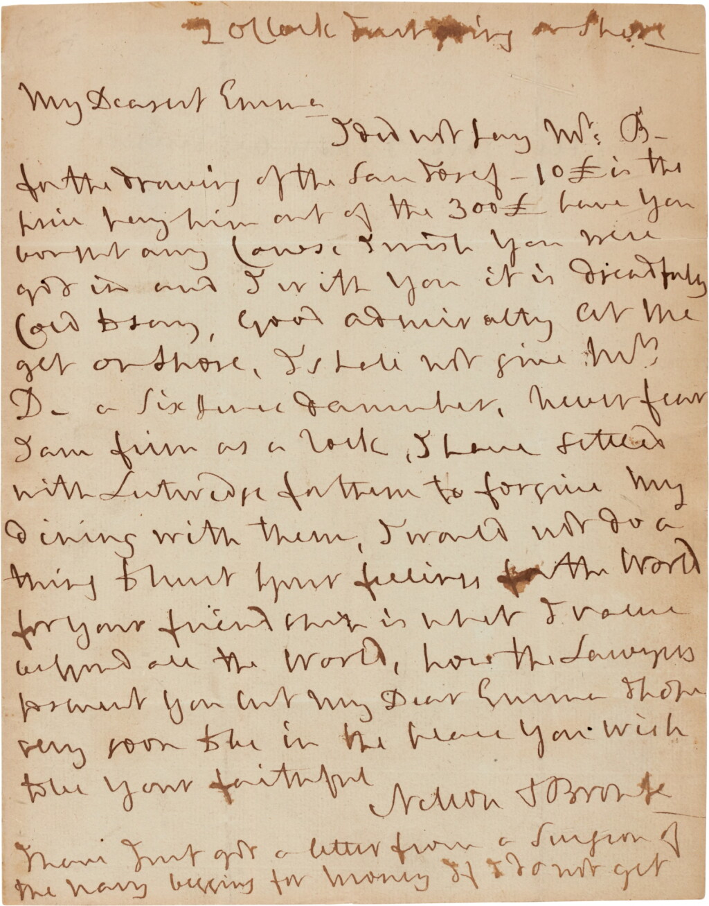 View full screen - View 1 of Lot 155. Horatio, Viscount Nelson | Autograph letter signed, to Emma Hamilton, on love and domestic affairs, 6 October 1801.