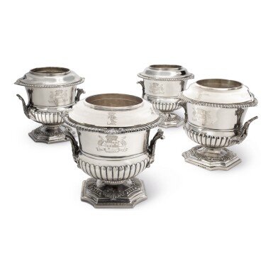 View full screen - View 1 of Lot 120. TWO MATCHING PAIRS OF GEORGE III SILVER WINE COOLERS, LINERS, AND COLLARS, WILLIAM FOUNTAIN, LONDON, 1808, 1810.
