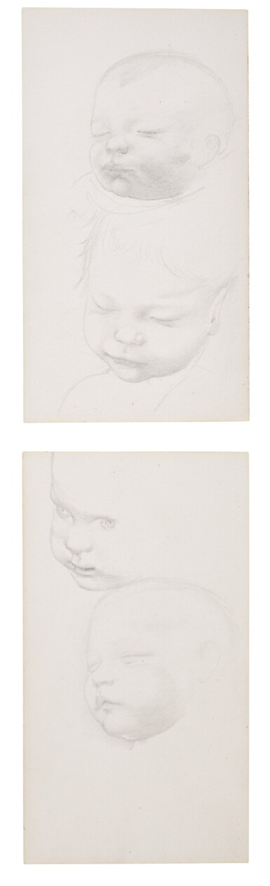 View full screen - View 1 of Lot 67. Two sheets of studies of sleeves for 'The Golden Stairs' in one frame; two sheets of studies of an infant's head for putti in 'Terra Omniparens', one sheet has a study for 'The Golden Stairs' verso.