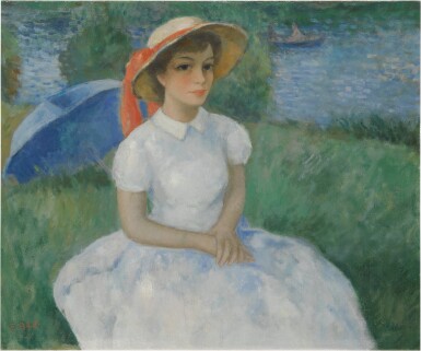 View full screen - View 1 of Lot 302. Douceur d’été à l’ombrelle bleue, au bord de la Dordogne à Gluges.