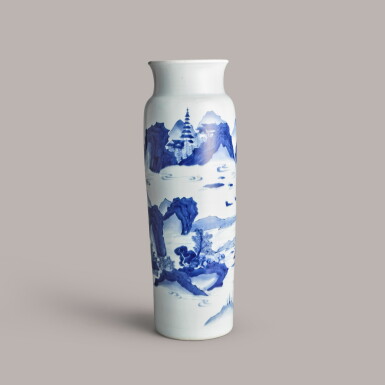 View full screen - View 1 of Lot 302. A blue and white 'river landscape' sleeve vase Transitional Period, circa 1640 | 明末清初 青花山水圖筒瓶.