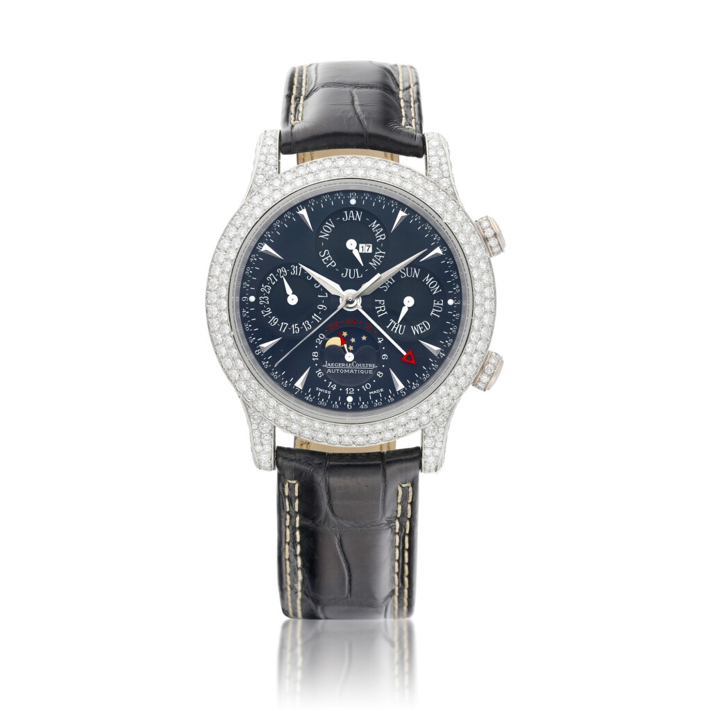 View full screen - View 1 of Lot 8037. Grande Memovox, Reference 146.6.95 | A limited edition platinum and diamond-set perpetual calendar wristwatch with alarm, moon phases, year and 24 hours indication, Circa 2005 | 積家 | Grande Memovox 型號146.6.95 | 限量版鉑金鑲鑽石萬年曆腕錶,備鬧鈴裝置、月相、年份及24小時顯示,約2005年製.