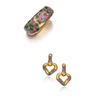 View full screen - View 1 of Lot 501. Gold, Hardstone and Tourmaline Bangle-Bracelet and Pair of Earclips.