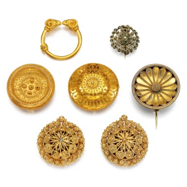 View full screen - View 1 of Lot 130. Six brooches, one by Castellani, and one ring, second half of the 19th century.