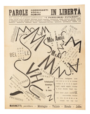 View full screen - View 1 of Lot 16. Parole, Consonanti, Vocali, Numeri in Libertà. 11 février 1915. Rare copy of this leaflet .