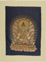 A finely embroidered satin panel of Amitayus Tibet, 17th/18th century | 西藏十七/十八世紀 藏青地彩綉佛像