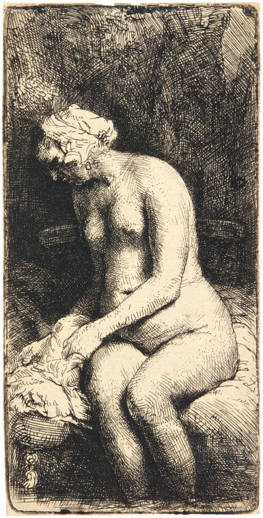 View full screen - View 1 of Lot 73. REMBRANDT HARMENSZ. VAN RIJN | WOMAN BATHING HER FEET AT A BROOK (B., HOLL. 200; NEW HOLL. 309; H. 289).