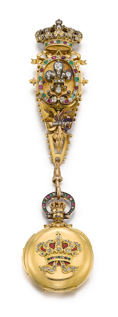View full screen - View 1 of Lot 79. SWISS | RETAILED BY E. MANSBERGER, MADRID: A LADY'S GOLD, DIAMOND, RUBY AND EMERALD-SET HUNTING CASED MINUTE REPEATING KEYLESS LEVER WATCH WITH ENGRAVED PORTRAIT MADE FOR THE SPANISH CROWN CIRCA 1885, NO. 106508.