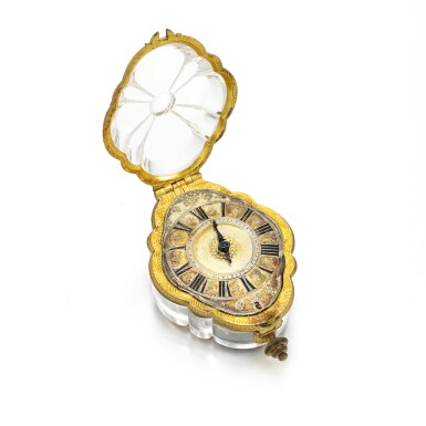 View full screen - View 1 of Lot 1315. A rare verge watch movement with early application of the balance spring and silver-gilt dial made for the Persian Market with later glass covered mounts Movement and dial circa 1678, glass covers circa 19th century.