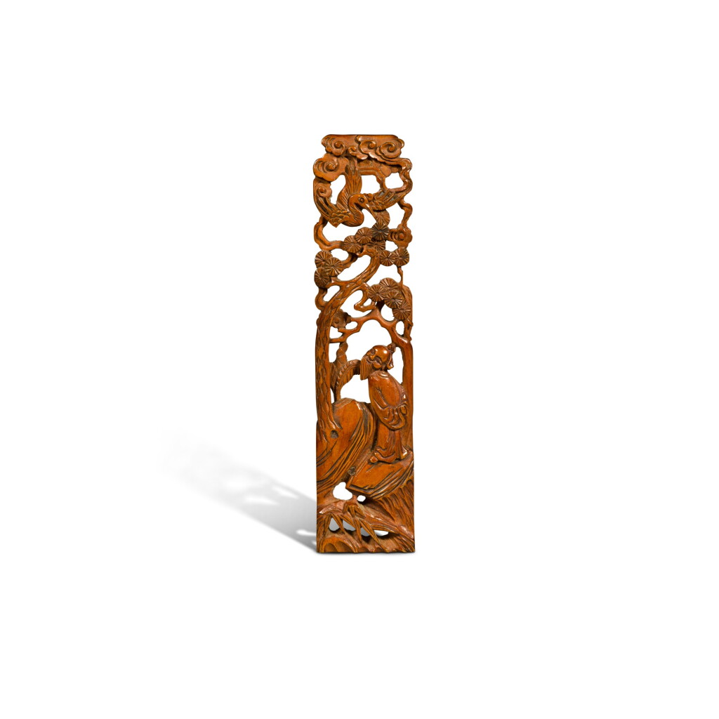 View full screen - View 1 of Lot 29. A reticulated boxwood 'scholar and crane' carving, Qing dynasty, 17th / 18th century.