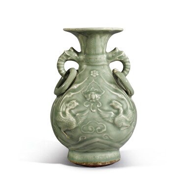 View full screen - View 1 of Lot 561. A rare 'Longquan' celadon-glazed 'dragon and phoenix' vase, Yuan / early Ming dynasty | 元 / 明初 龍泉窰青釉印花龍鳳紋環耳瓶.
