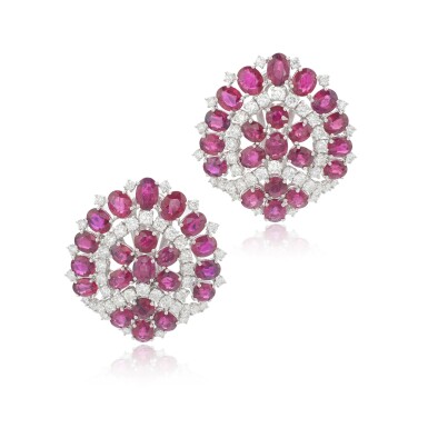 View full screen - View 1 of Lot 925. Pair of ruby and diamond ear clips.