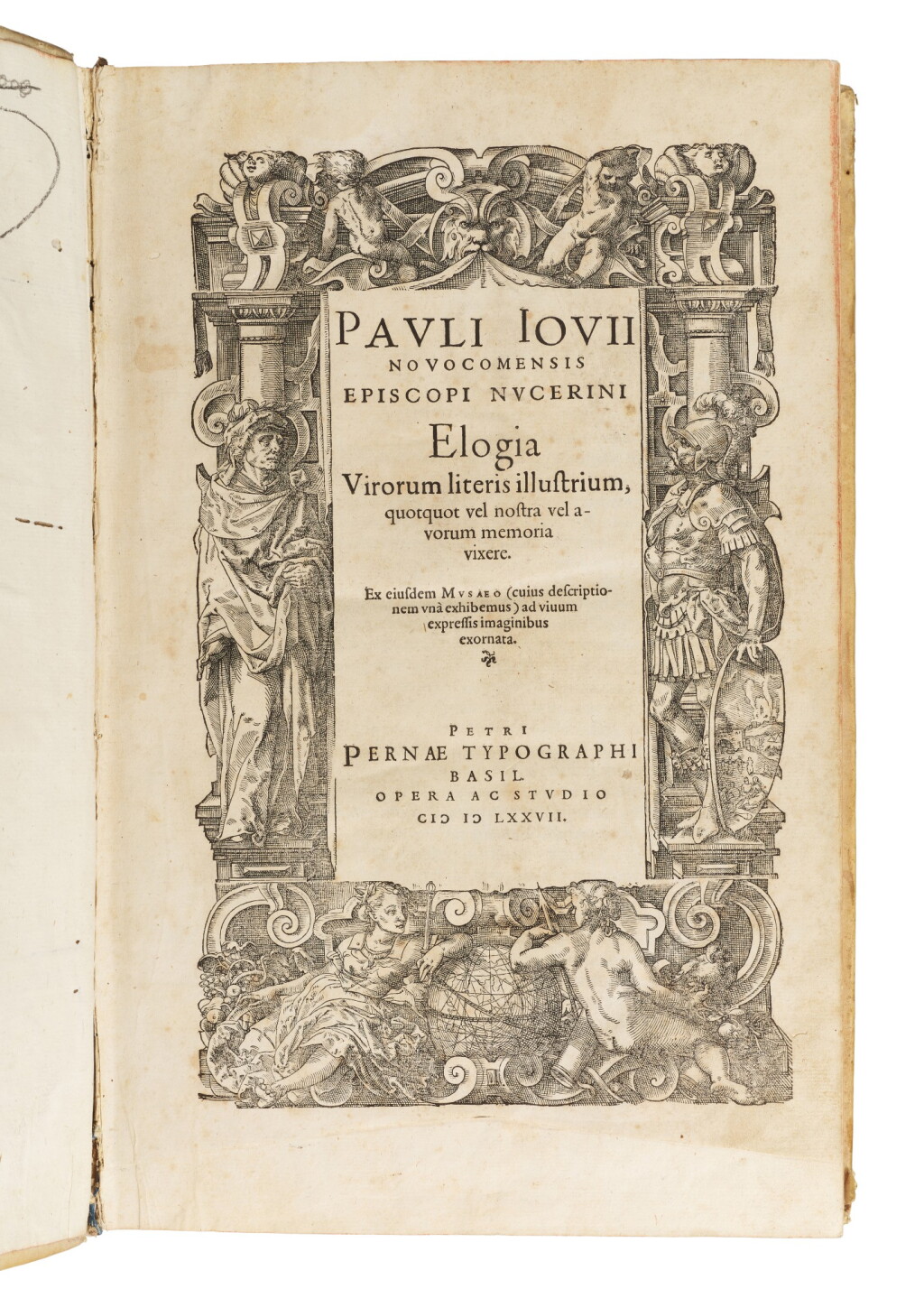 View full screen - View 1 of Lot 119. Giovio, Elogia virorum literus illustrium, Basel, Perna, 1577, old vellum.