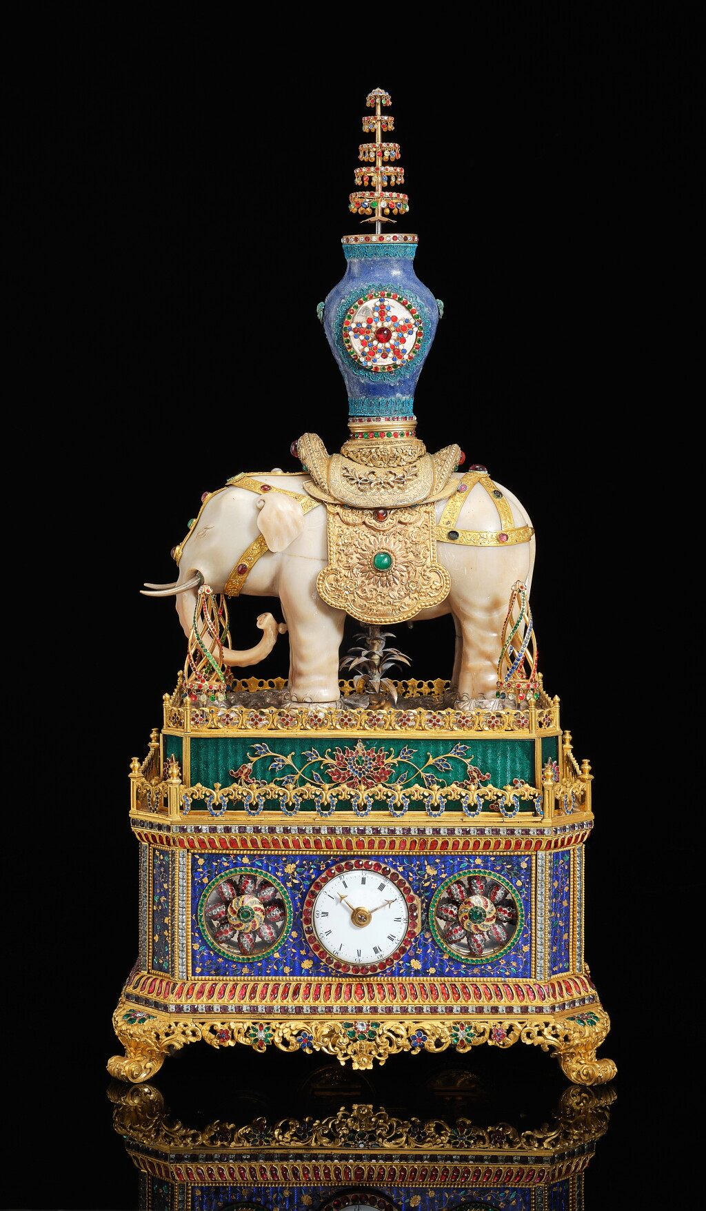 View full screen - View 1 of Lot 2256. An impressive and important Imperial Chinese ormolu, silver-plated, enamel, paste-set and carved soapstone striking elephant clock with music and automation | Guangzhou Workshops, Qianlong Period (1736-1795), Late 18th Century.