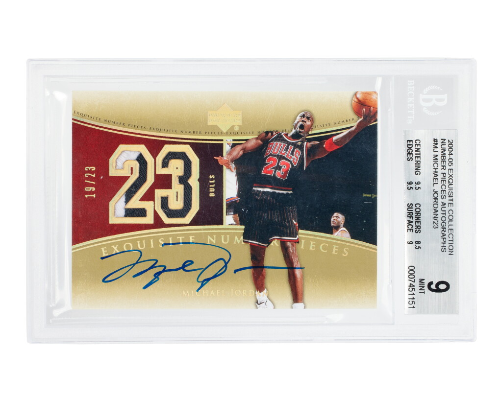 View full screen - View 1 of Lot 2. Michael Jordan Chicago Bulls 2004-05 Upper Deck Exquisite Collection Number Pieces Autographs 19/23 #NP-MJ BGS 9/10 Autograph | Game-Used Patch | On-Card Autograph.