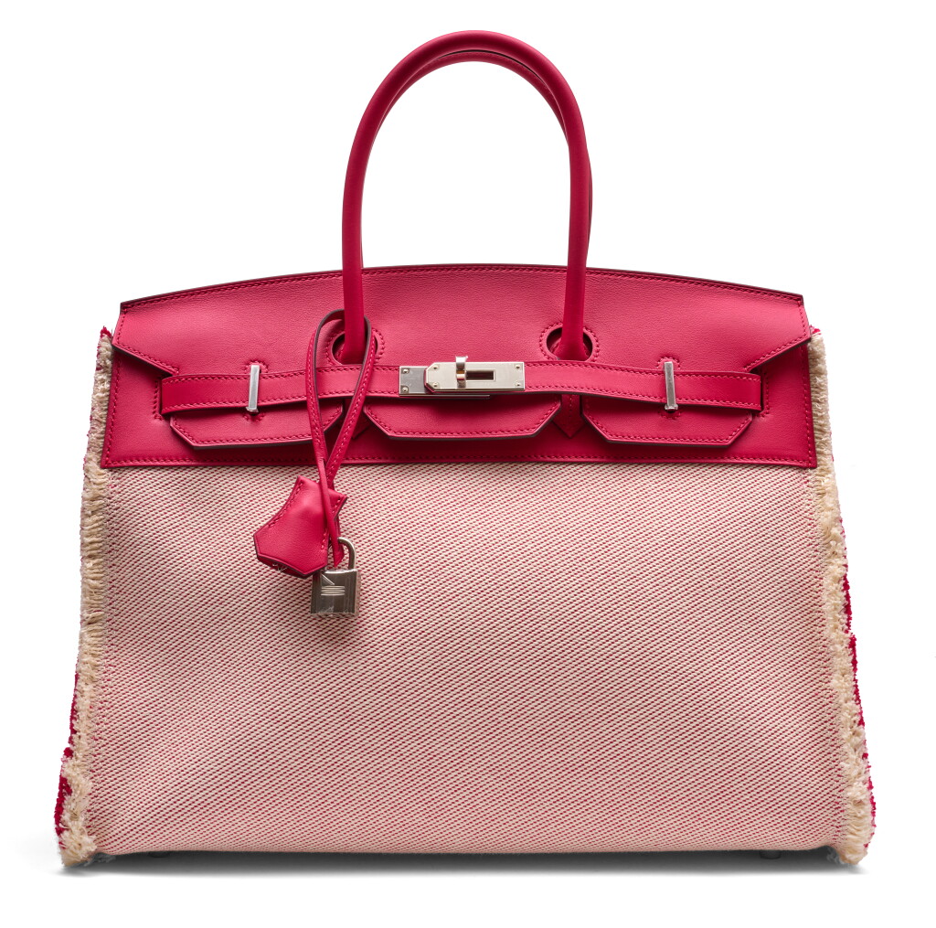 View full screen - View 1 of Lot 1328. Limited Edition Framboise Swift and Twill H Canvas Fray Birkin 35 Palladium Hardware, 2021.