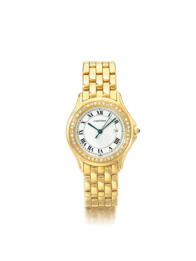 View full screen - View 1 of Lot 33. CARTIER | COUGAR, A YELLOW GOLD AND DIAMOND SET CENTER SECONDS WRISTWATCH WITH DATE AND BRACELET CIRCA 2000.