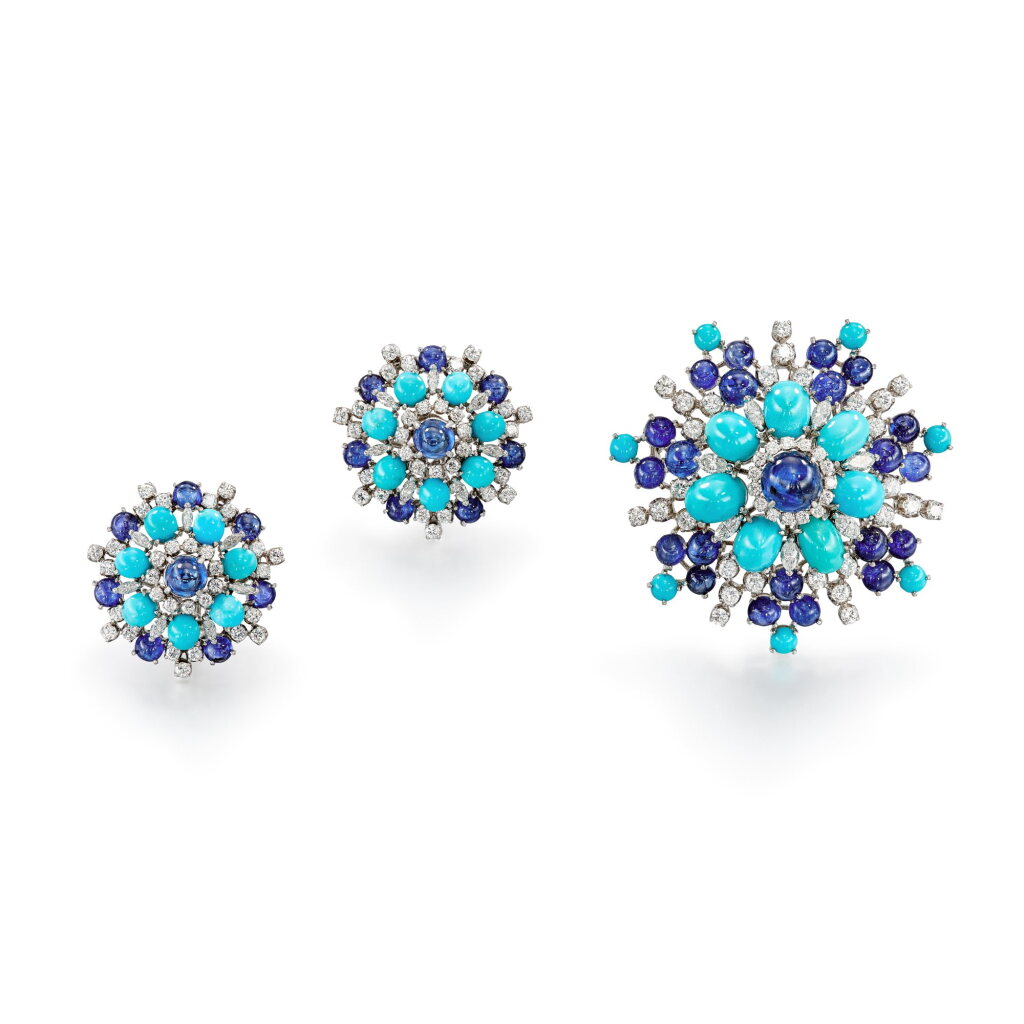 View full screen - View 1 of Lot 501. Sapphire, Turquoise and Diamond Demi-Parure | 藍寶石 配 綠松石 及 鑽石 胸針 及 耳環 套裝.