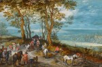 Wooded landscape with a covered wagon and travelers on a path